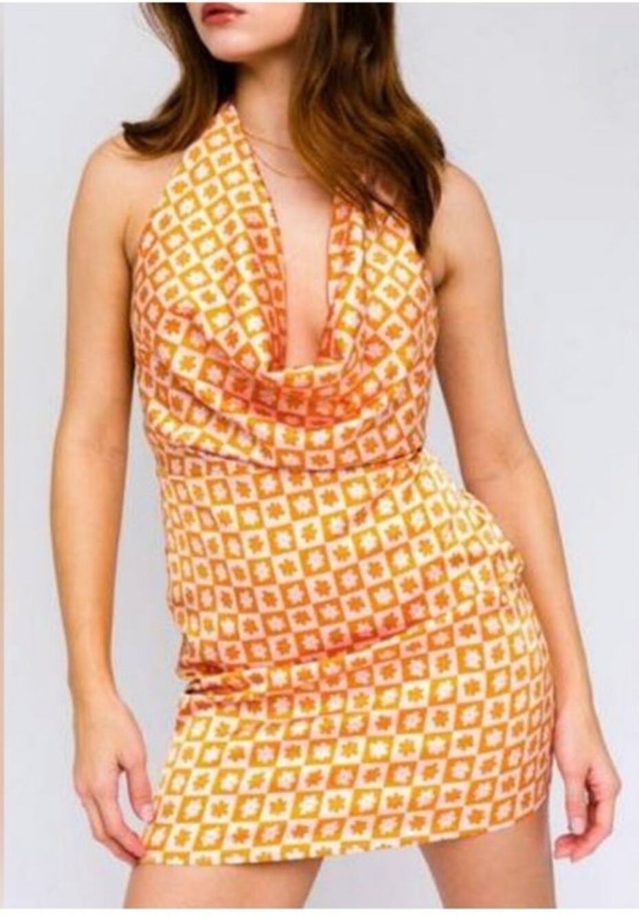 LE LIS Deep Cowl Neck Orange Floral Halter Mini Dress SZ SM